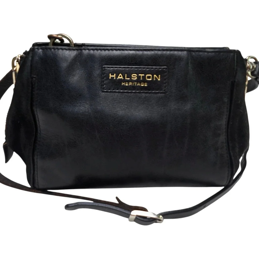 Vintage Halston Heritage Crossbody Bag Black Leather Suede Gold Hardware Luxury